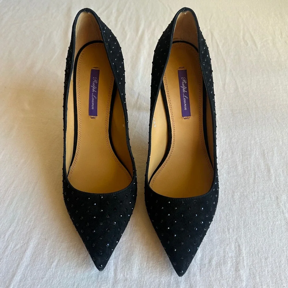Ralph Lauren Purple Label Celia Black Suede Crystal Heel EU 40 Made in Italy New